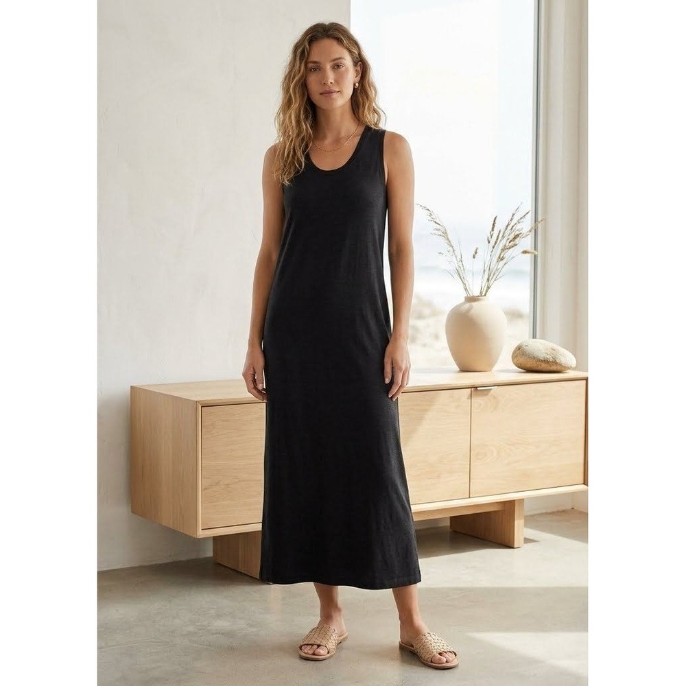 Pact Maxi Tank Dress Women XL Black Organic Cotton Sleeveless Side Slit